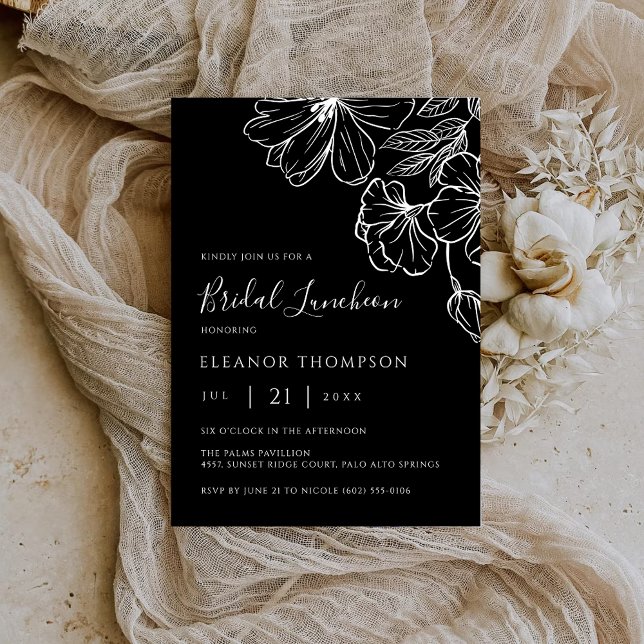 Convites Modern Botanical Black Line Art Bridal Luncheon  (Criador carregado)