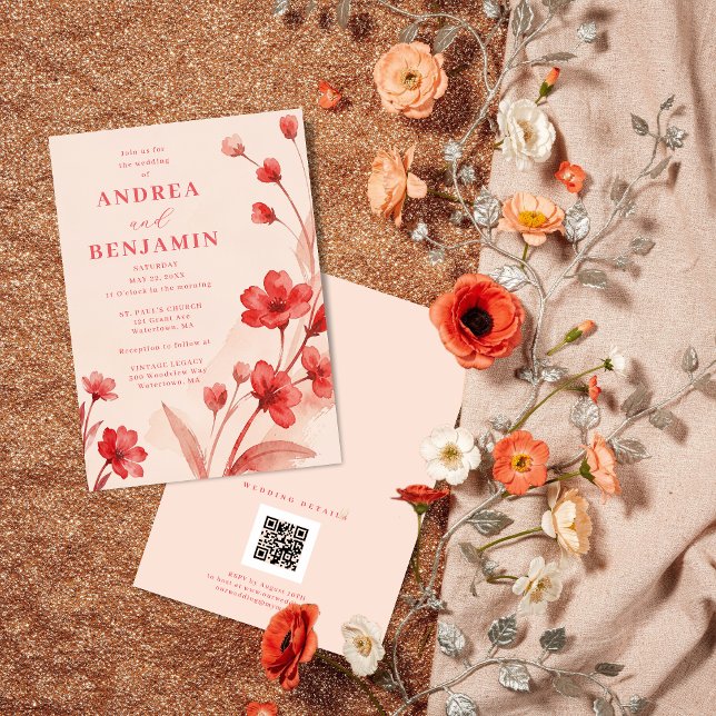 Convites Modern Botanical Bloom Juicy Red Pinky Pink  (Modern Botanical Bloom Juicy Red & Pinky Pink Editorial Wedding Invitation with Back QR Code.)