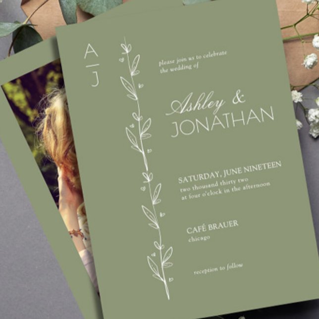 Convites Modern Botanical Divider Wedding Sage Foto Verde (Criador carregado)