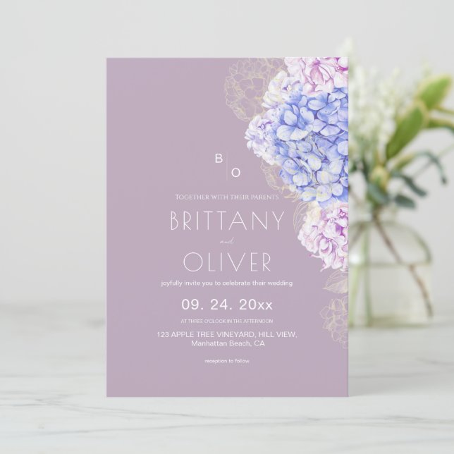 Convites Modern Botanical Lilac & White Floral Wedding (Em pé/Frente)