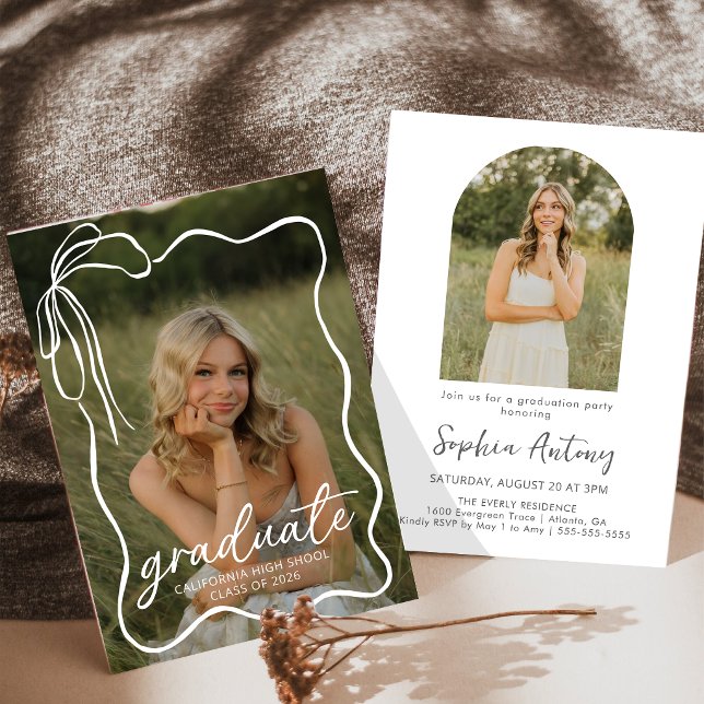 Convites Modern Bow Photo Graduation Party Invitation (Criador carregado)