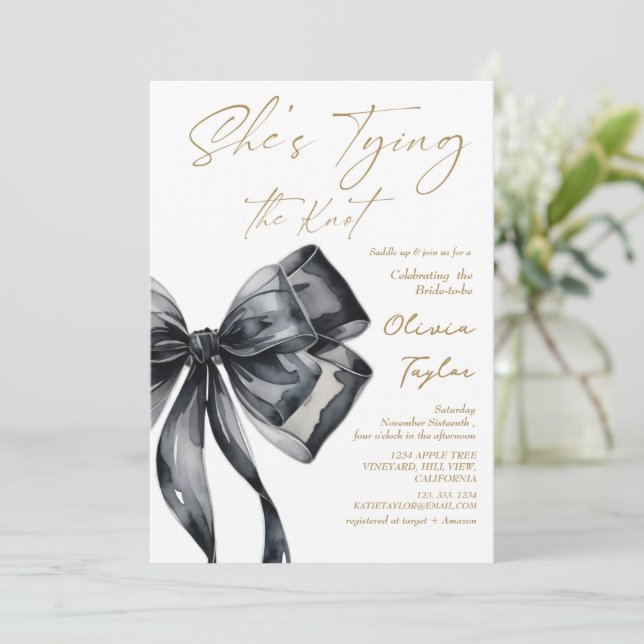 Convites Modern Bow She's Tying the Knot Bridal Shower  (Em pé/Frente)