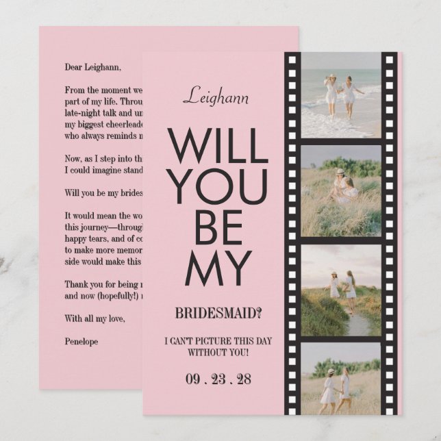 Convites Modern Bridesmaid Photo Proposal Pink Reel (Frente/Verso)