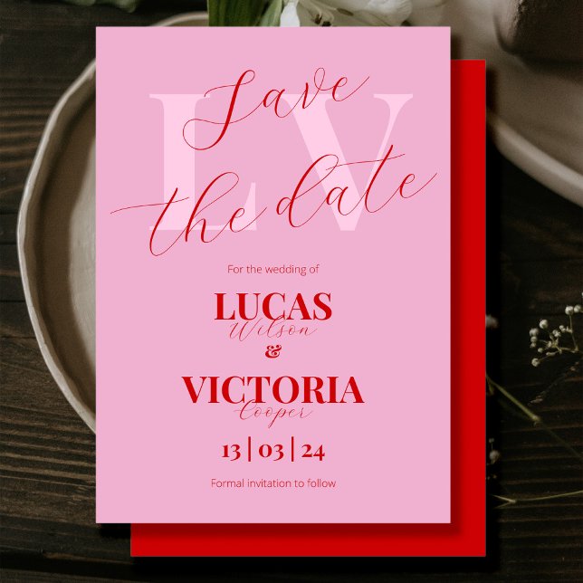 Convites Modern Bright Pink e Red Wedding salve data (Criador carregado)