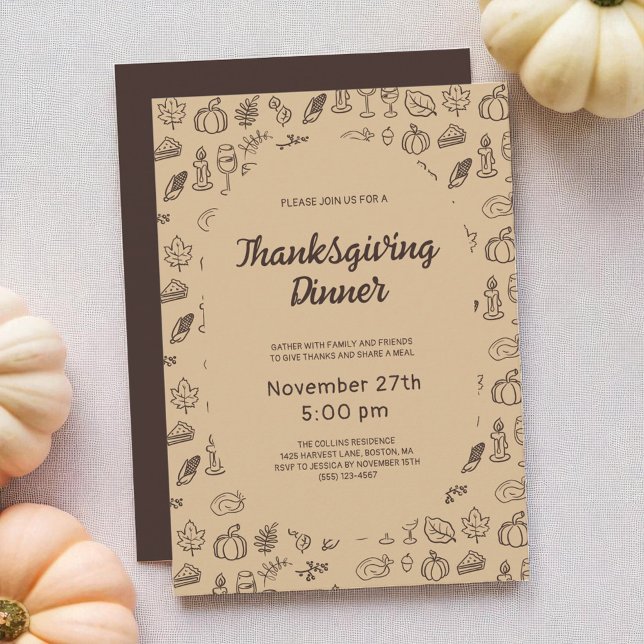 Convites Modern Brown Whimsical Entregue Ação de Graças (Modern Brown Pumpkin Leaves Thanksgiving Dinner Invitation)