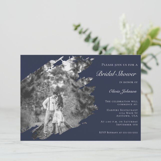 Convites Modern Brushstroke Photo Bridal Shower Navy Blue (Em pé/Frente)
