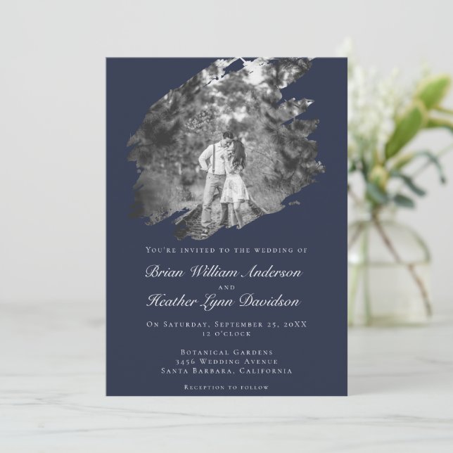 Convites Modern Brushstroke Photo Wedding | Navy Blue (Em pé/Frente)
