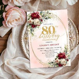 Convites Modern Burgundy Blush Floral 80th Birthday Invite