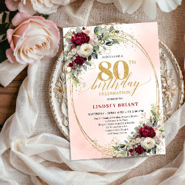 Convites Modern Burgundy Boho Flowers 80th Birthday Invite
