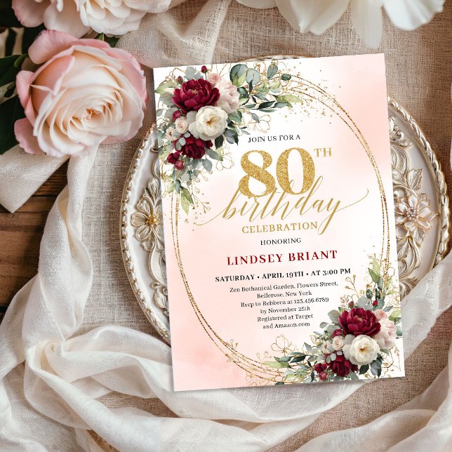Convites Modern Burgundy Boho Flowers 80th Birthday Invite (Modern Burgundy Boho Flowers 80th Birthday Invite)
