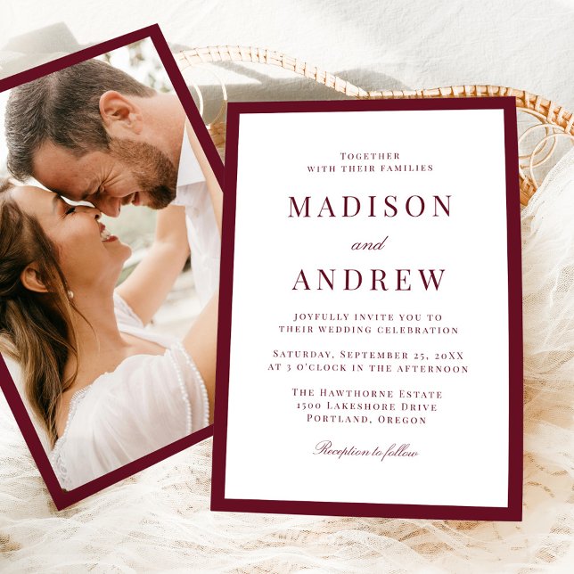Convites Modern Burgundy Border Photo Wedding (Criador carregado)