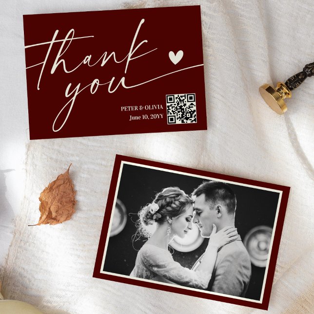 Convites Modern Burgundy QR Code Wedding Thank You Card (Criador carregado)