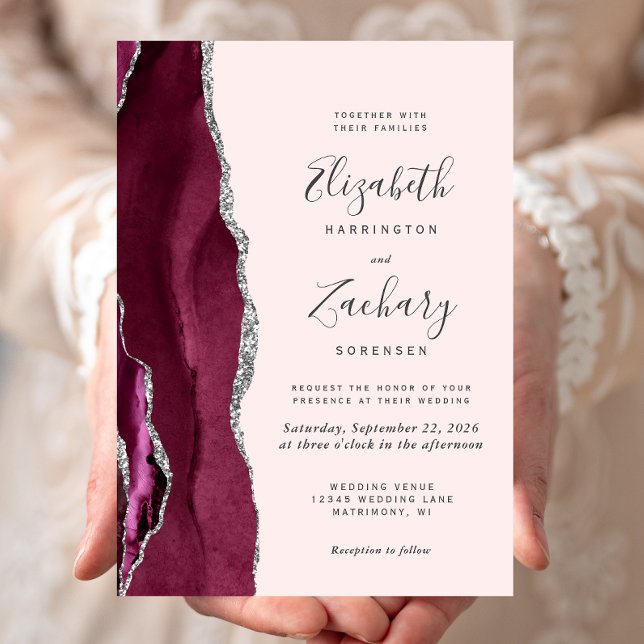 Convites Modern Burgundy Silver Agate Blush Pink Wedding (Criador carregado)