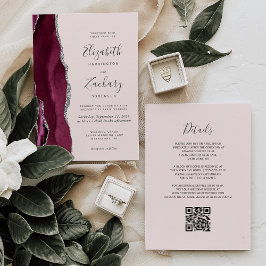 Convites Modern Burgundy Silver Agate Blush QR Code Wedding