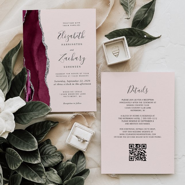 Convites Modern Burgundy Silver Agate Blush QR Code Wedding (Criador carregado)