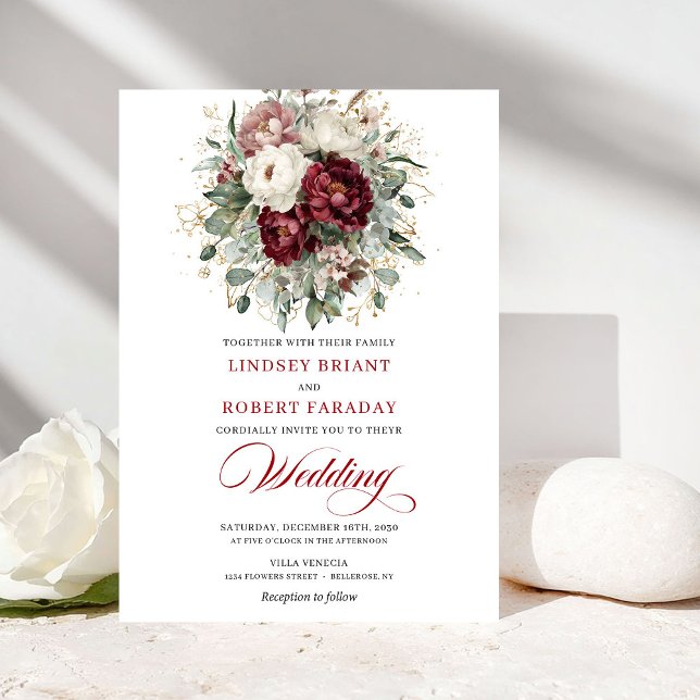 Convites Modern Burgundy White Floral Gold Wedding Invite (Modern Burgundy White Floral Gold Wedding Invitation)