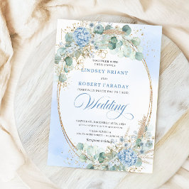 Convites Modern Calligraphy Blue Floral Gold Wedding Invite