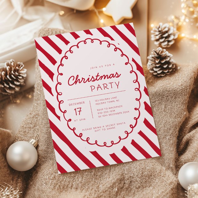 Convites Modern Candy Cane Theme Christmas Party Invitation (Retro Candy Cane Whimsical Striped Christmas party invitation)