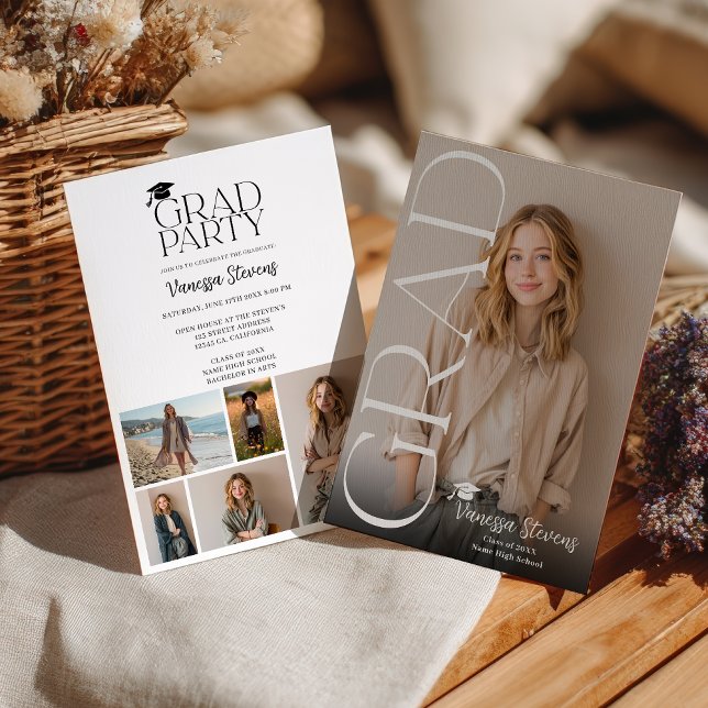 Convites Modern Casual Simple Trendy 6 photos graduation (Modern Casual Simple Trendy 6 photos graduation Invitation)