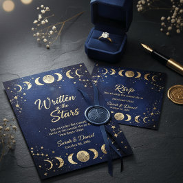 Convites Modern Celestial Navy and Gold Moon Stars Wedding 