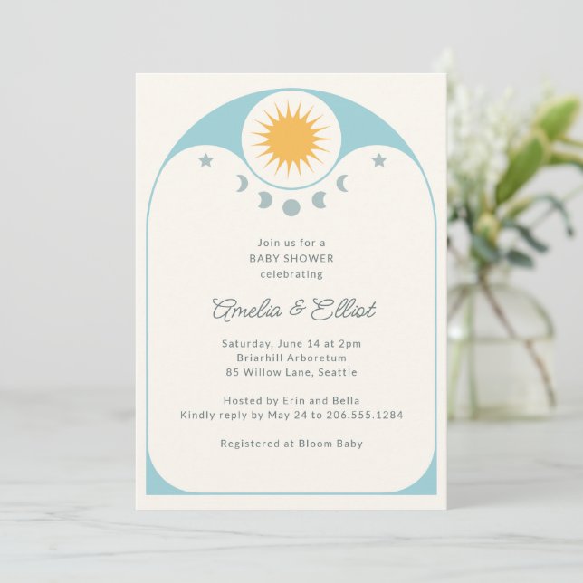 Convites Modern Celestial Star Moon Soft Blue Baby Shower   (Em pé/Frente)