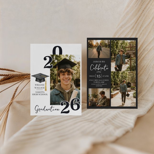 Convites Modern Charcoal 4 Photo Graduation Invite (Criador carregado)