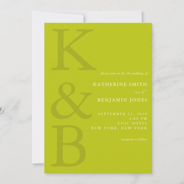 Convites Modern Chartreuse Monogram Minimalist Wedding (Frente)