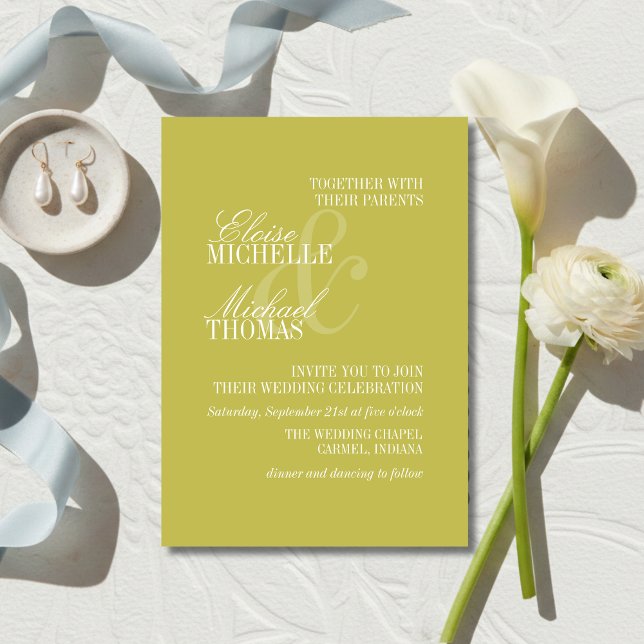 Convites Modern Chartreuse Script Formal Wedding (Modern Script Sage Green Formal Wedding Invitation)