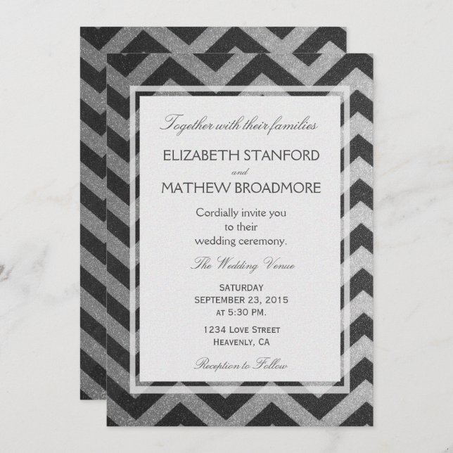 Convites Modern Chevron Black and Silver (Frente/Verso)