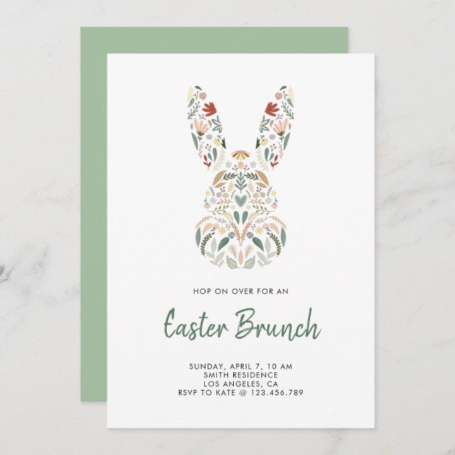 Convites Modern Chic Floral Bunny Páscoa Brunch (Frente/Verso)