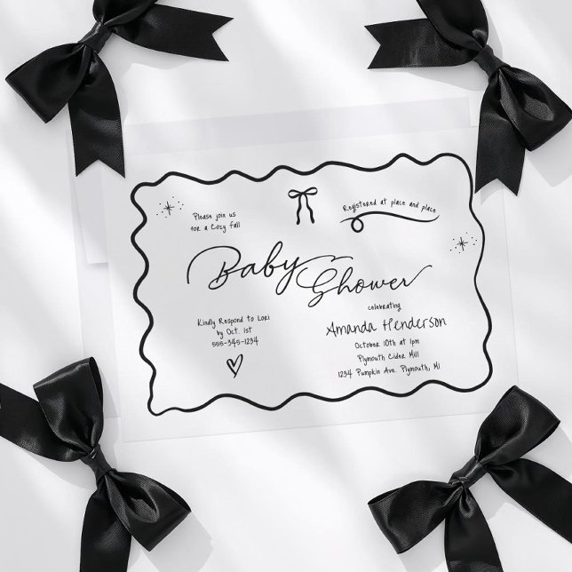 Convites Modern Chic Minimalist Black White Bow Baby Shower (Black and White Chic Baby shower invitation with bow doodle design. )
