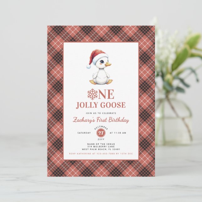 Convites Modern Christmas First Birthday One Jolly Goose (Em pé/Frente)