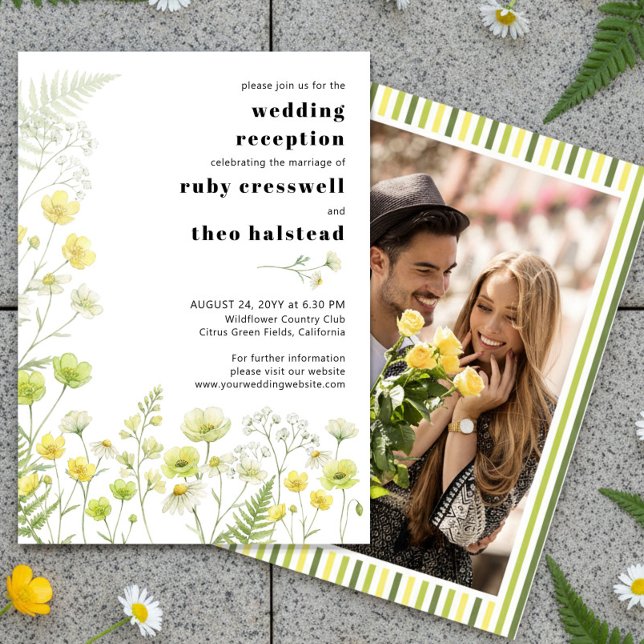 Convites Modern Citrus Wildflower Stripe Photo Reception (Wedding Reception Only Invitation - from Citrus Green Wildflower wedding collection by Darling & May)