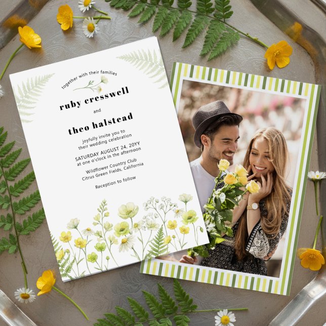 Convites Modern Citrus Wildflower Stripe Photo Wedding (Wedding Invitation with engagement photo from Citrus Green Wildflower collection by Darling & May)