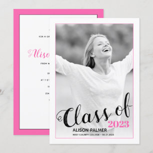 Convites Modern Class of 2020 script de foto rosa quente