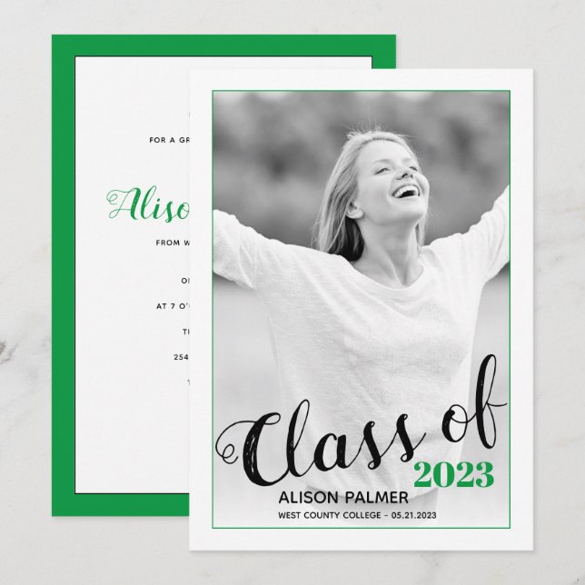 Convites Modern Class of 2023 script green border (Frente/Verso)