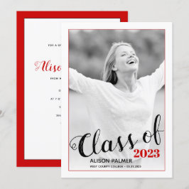 Convites Modern Class of 2023 script Red Border Photo