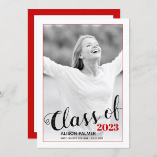 Convites Modern Class of 2023 script Red Border Photo