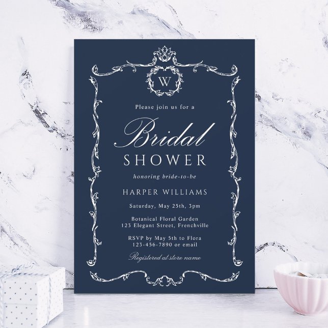 Convites Modern Classic French Frame Bridal Shower Navy (Criador carregado)