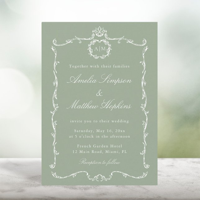 Convites Modern Classic French Frame Wedding Sage Green (Criador carregado)