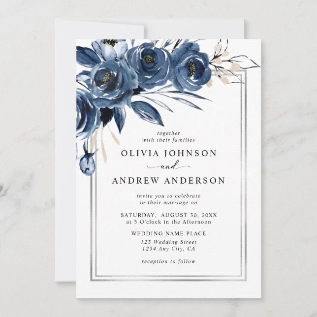 Convites Modern Classic Navy Blue Floral Photo Wedding (Frente)