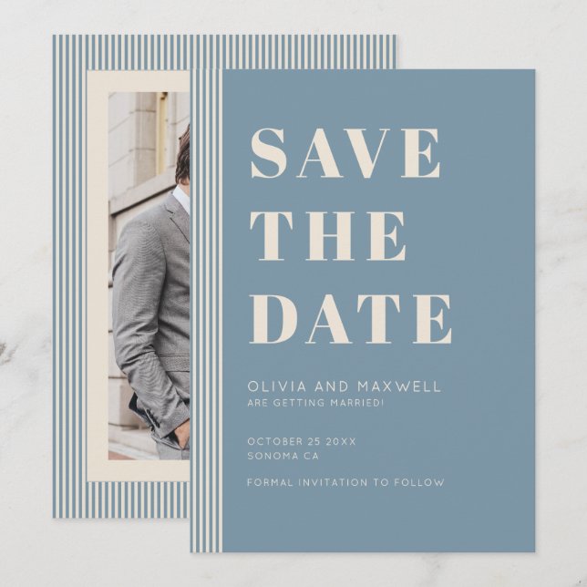 Convites Modern Classic Save The Date Blue Striped Photo (Frente/Verso)