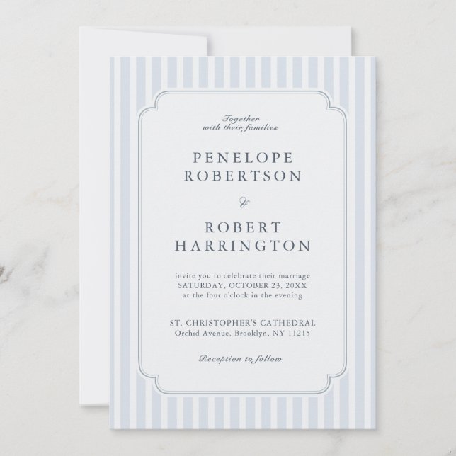 Convites Modern Classic Stripes Dusty Blue QR Code Wedding  (Frente)