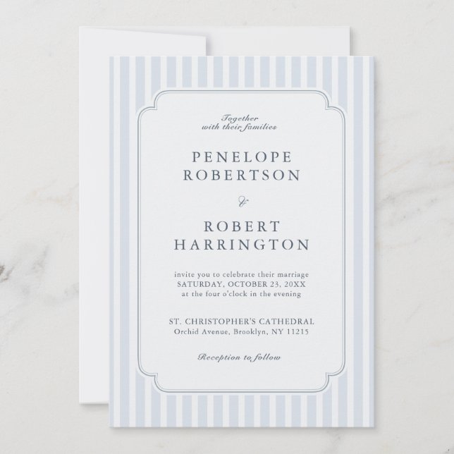 Convites Modern Classic Stripes Dusty Blue Vintage Wedding  (Frente)
