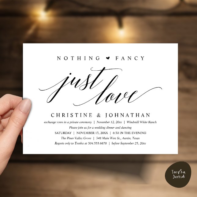 Convites Modern Classy Nothing Fancy, Just Love, Reception (Modern Classy Nothing Fancy, Just Love, Wedding Reception Dinner Invitation Card in Black and White)