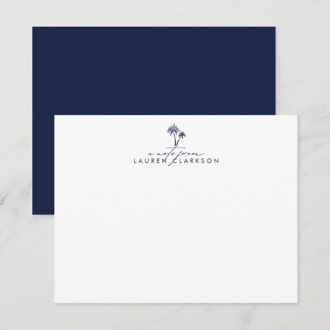 Convites Modern Coastal Navy Palms Stationery Note Card (Frente/Verso)