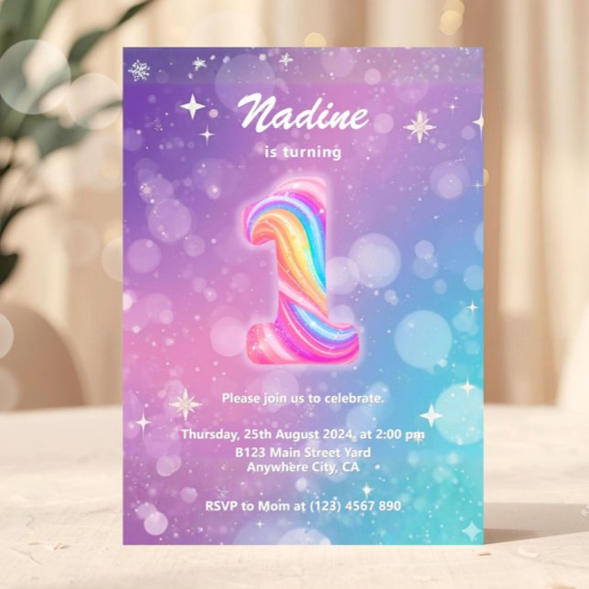 Convites Modern Colorful 1st Birthday Rainbow Foil (1st Birthday Invitation, Girl Pink Pastel, First Birthday, Number 1, Party Invite, Pink Purple Glitt)