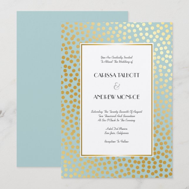 Convites Modern Confetti Bolinhas Mint e Dourado (Frente/Verso)