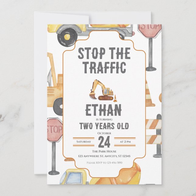 Convites Modern Construction Birthday Invite Child Toddler  (Frente)