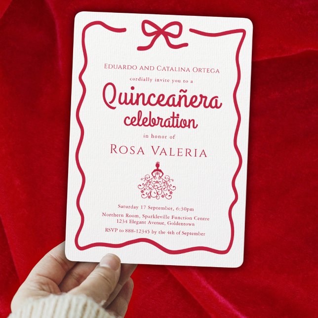 Convites Modern Coquette Quinceanera (Modern Quinceanera Invitation with coquette style red bow border)